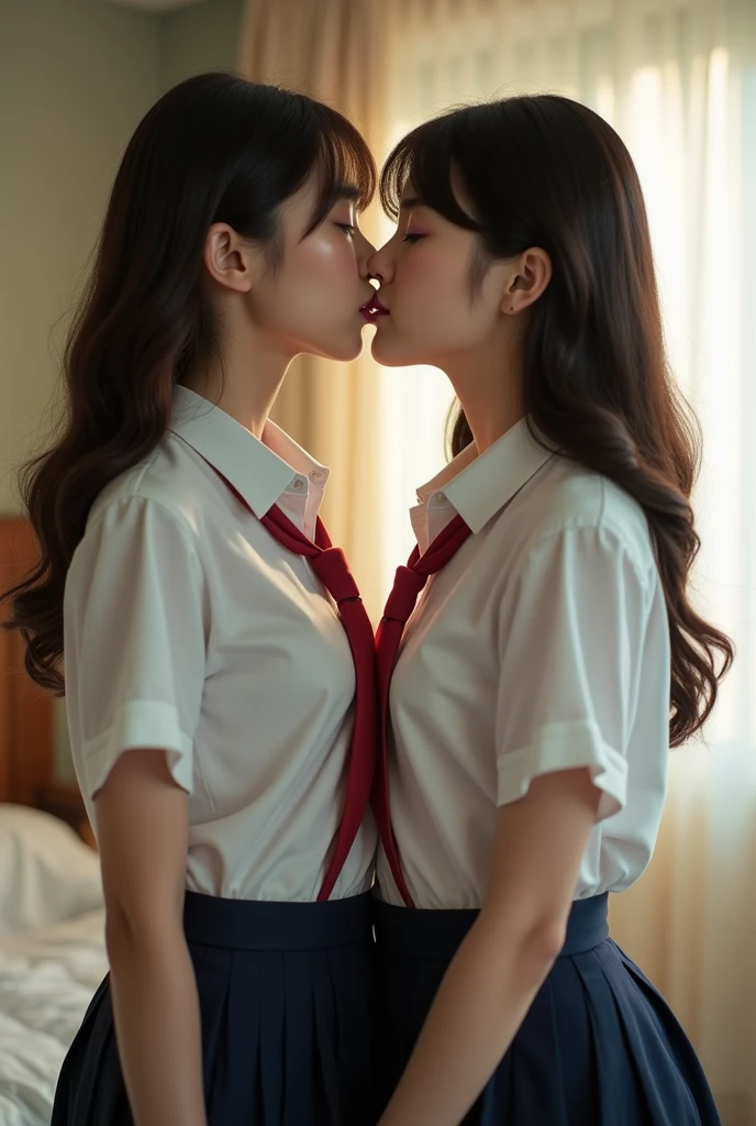Photo realistic:1.3, A scene from a realistic movie, A coming-of-age film about a high school girl couple, Overall, it has a sweet and sour atmosphere., Realistic face and eyes:1.4, Realistic skin:1.5, ((2 Japanese high school girl)), (((Cute 2 girl))), yuri, Japanese Idols, (school uniform), (White shirt), (Red tie), (Navy blue pleated skirt), mini skirt, Are standing, Perfect female figure, Perfect Face, Glossy pink lips, Expressive eyes, eye shadow, eyeliner, Huge natural breasts, (Tight waist), Light brown hair, short hair, (Floating Hair), Expressive hair, (Over-rimmed glasses), Long eyelashes, (((kiss, kissing))), Bedroom, close eyes, Ultra-high resolution, Attention to detail, Ultra-high quality, (Cowboy Shot), masterpiece, Accurate, Anatomically correct, Textured skin, Super Detail, high quality