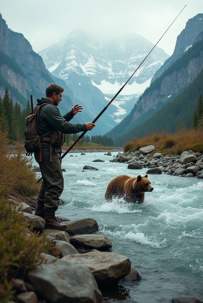 Professional photos,Fisherman throwing harpoon in mountain stream, Harpooning a giant trout,A brown bear is fishing nearby