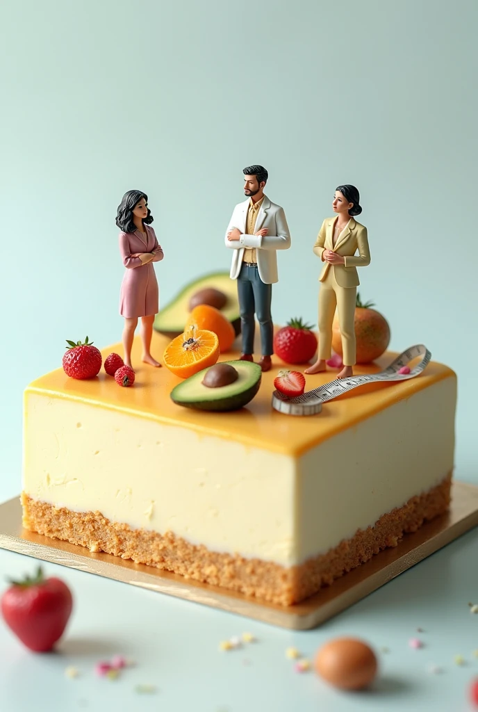 Square cake with pastry cream and 3 little nutritionist figures, one man and two women, and nutrition things on the cake like a measuring tape, fruits, avocado
