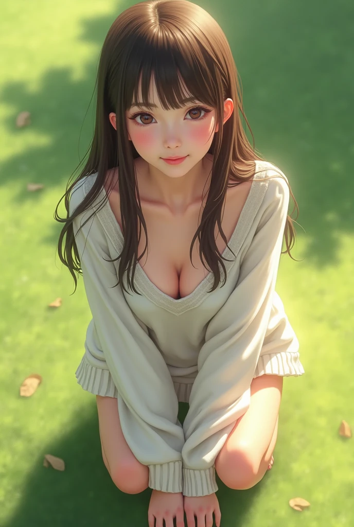 ((Professional photo-realistic images)), (on green in sunlight park), (No bra and wearing a loose white pullover) A cute Japanese woman, long brown hair, blunt bangs, round face, she is crouching, leaning forward, and placing her hands on her knees. the pullover collar is dangle down from chest, her breasts and nipples are glimpse from the gap, She looks at me and blushes with a shy smile.　Composition from directly above, nsfw,