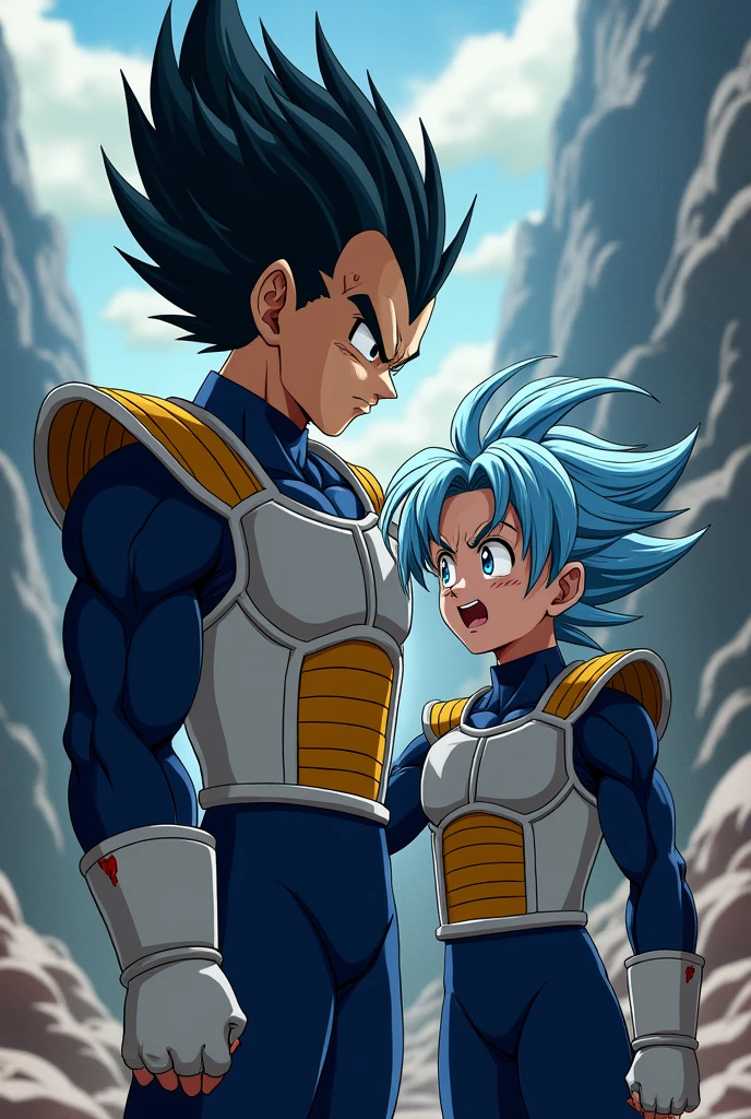 Vegeta's hair is standing on end. He was wearing a dark blue suit and on top of it the typical armor that Saiyans wear. against his daughter Bura, right, Dragon Ball GT Bura, girl with light blue hair, blue eyes, dark blue suit, typical armor used by Saiyans, loose hair, bangs, headband, hurt, blood, wounded, pain, father and daughter.
