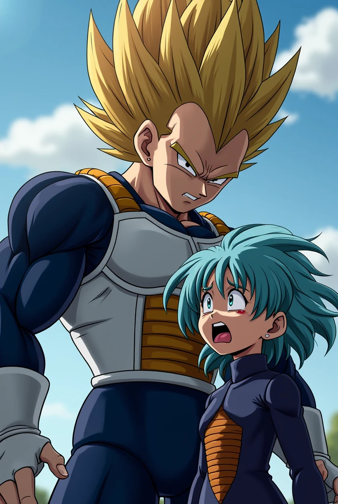Vegeta's hair is standing on end. He was wearing a dark blue suit and on top of it the typical armor that Saiyans wear. against his daughter Bura, right, Dragon Ball GT Bura, girl with light blue hair, blue eyes, dark blue suit, typical armor used by Saiyans, loose hair, bangs, headband, hurt, blood, wounded, pain, father and daughter.