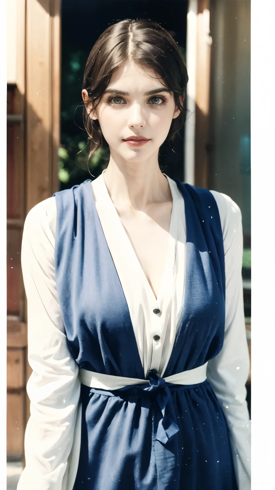 (masterpiece:1.2, best quality:1.2, extremely delicate:1.2), ((Alexandra Daddario:1.2)), a women with short brown hair slicked back, topknot hairstyle, small center-parted fringe, deep eyes, straight eyebrows, perfect face, playful smile, a azure blue fantasy-style cloth vest jacket over a long-sleeved white undershirt, a black waistband, coarse cloth trousers the backdrop of a fantasy-style border outpost, this character embodies a finely crafted fantasy-style female warrior, exquisite photography, Photo realism, photorealistic, goddess, pale skin, perfect skin, textured skin, detailed skin, porcelain skin, dramatic, high definition, highres, ultra-detailed, ultra-fine painting, professional, perfect body proportions, golden ratio, anatomically correct, symmetrical face, perfect eyes, extremely detailed eyes and face, high quality eyes, creativity, RAW photo, UHD, 32k, Natural light, cinematic lighting, (masterpiece-anatomy-perfect:1.2)