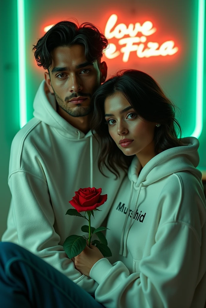 A 4k quality highly detailed Realistic portrait Handsome 28 year slim smart , guy White Hoodie with 30 year beautiful women in a White Hoodie, the girl has a red rose flower in her hand and is sitting on down floor, with romantic mode, no smile, written "Murshid" in the boy hoodie and "Wardah" in girl's hoodie, and Murshid love Watdah is written on the green light glow wall with neon text text behind.