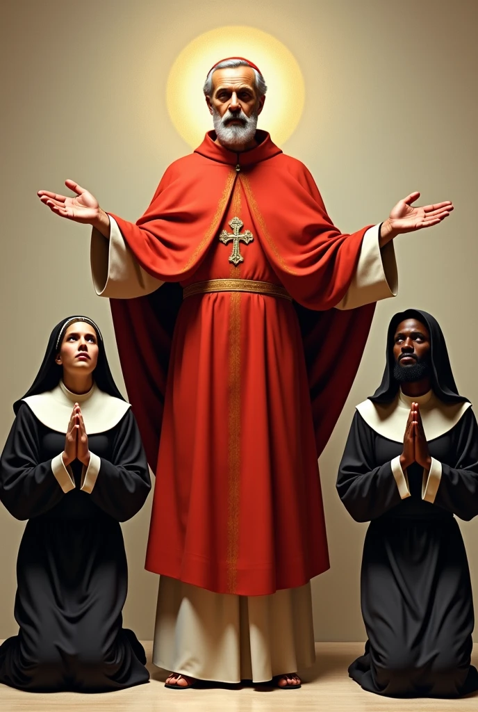 Bishop Saint Toribio de Mogrovejo in red habit extending his arms to both sides and to his left is Saint Rose of Lima, Saint Blanca, in a black and white Dominican habit on her knees and to his right is Saint Martin de Porres, a mulatto saint in a black and white Dominican habit on his knees.