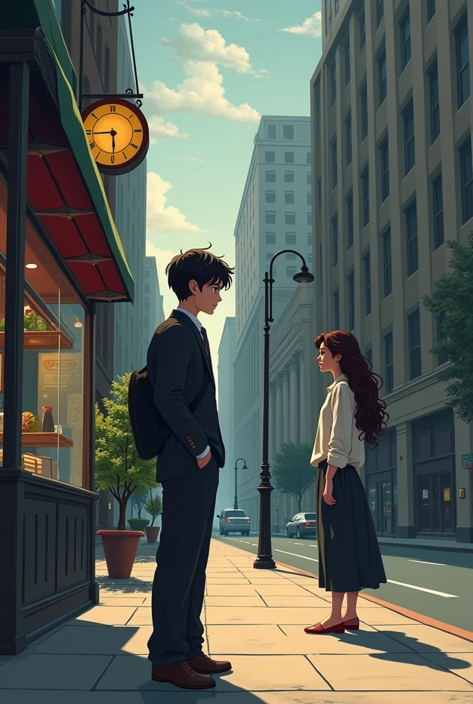 The eyes of the tall businessman boy, The black-haired, blue-eyed boy headed to the cafeteria that was in front, While he was on the street that was located on the other sidewalk in front of the cafeteria, he hung up on his grandfather because he stopped paying attention to what he was saying and focused on the brunette girl with long curly hair who was closing the cafeteria. She was very beautiful., but it was... crying?