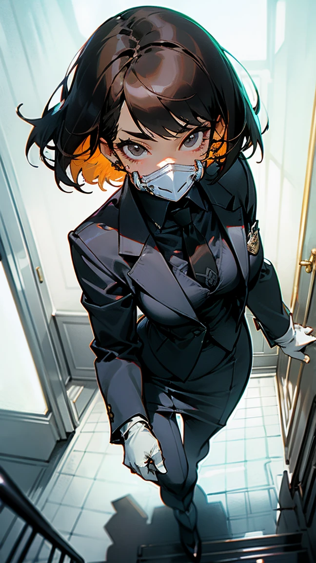 score_9, score_8_up, score_7_up, source_anime, 1girl, black eyes, room, wariza, medium hair, bob haircut, dark brown hair, gradient hair, portrait, solo, Adult woman, best perfect anatomy, thin, curvy body, medium breasts, curvy body, close up shot on person, a woman showing happy, close up shot on person, pov_doorway, a woman showing his hand, mature woman standing poses, wear a mouth mask, skirt suit, (((three-piece suit))), necktie, blazer, (((suit jacket))), (((waistcoat))), double-breasted waistcoat, bodycon miniskirt, pencil skirt, tie clip, pocket square, pocket watch, white format gloves, pantyhose, dynamic angle. perfect dynamic composition, foreshortening, dramatic shading, volumetric lighting, hotel room background,