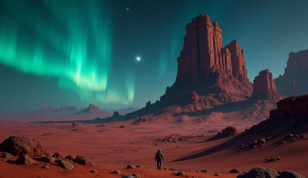 Night view, Northern Lights in the starry sky, (The ruins of an alien civilization's architecture)On Mars,Crumbling structure,The environment is desolate,Infinite horizon,Atmospheric perspective,Astronaut explorer,Weird atmosphere,Strange symbols,Surreal landscape, Unobstructed panoramic views,dusty red sand,(Sci-fi concept art),(best quality,4K,8k,highres,masterpiece:1.2),ultra-detailed,(realistic,photorealistic,photo-realistic:1.37)