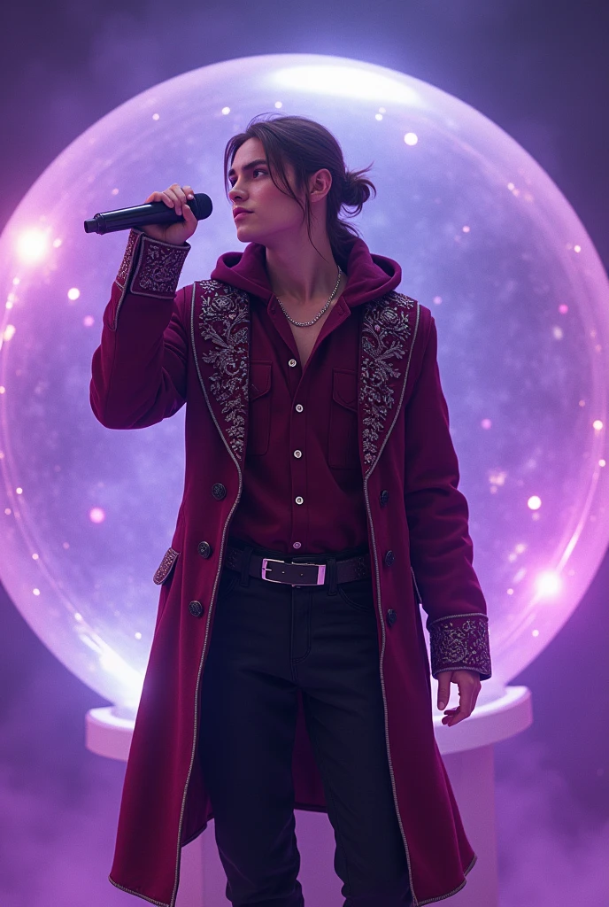 artwork best quality realistic image handsome american male teenager long brown hair tied up fair skin with burgundy button down shirt and black pants with burgundy coat cape and hood on head with intricate silver details glowing inside a giant crystal ball and singing with a microphone in his hand with purple lights around him illuminating him intricate details seen from afar at a concert with details uhq details 8k realism