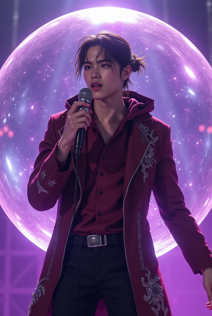 artwork best quality realistic image handsome american male teenager long brown hair tied up fair skin with burgundy button down shirt and black pants with burgundy coat cape and hood on head with intricate silver details glowing inside a giant crystal ball and singing with a microphone in his hand with purple lights around him illuminating him intricate details seen from afar at a concert with details uhq details 8k realism