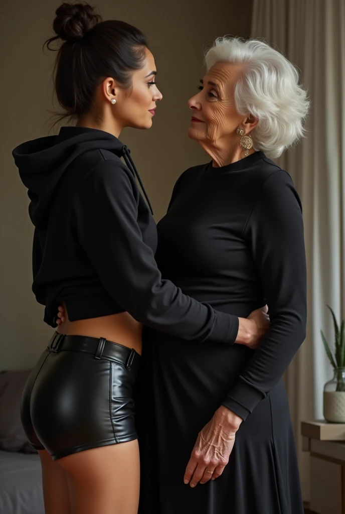 black woman hair in a bun black hoodie black leather short shorts being fucked in the ass by a old grandma in a dress