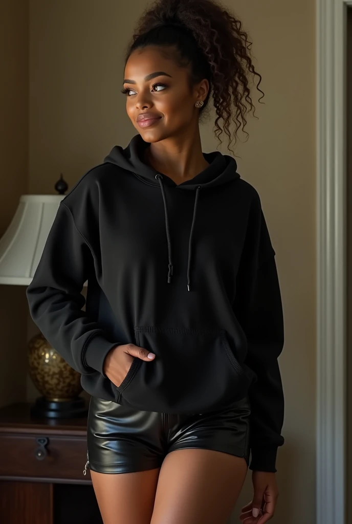black woman hair in a bun black hoodie black leather short shorts being fucked in the ass by a old grandma in a dress