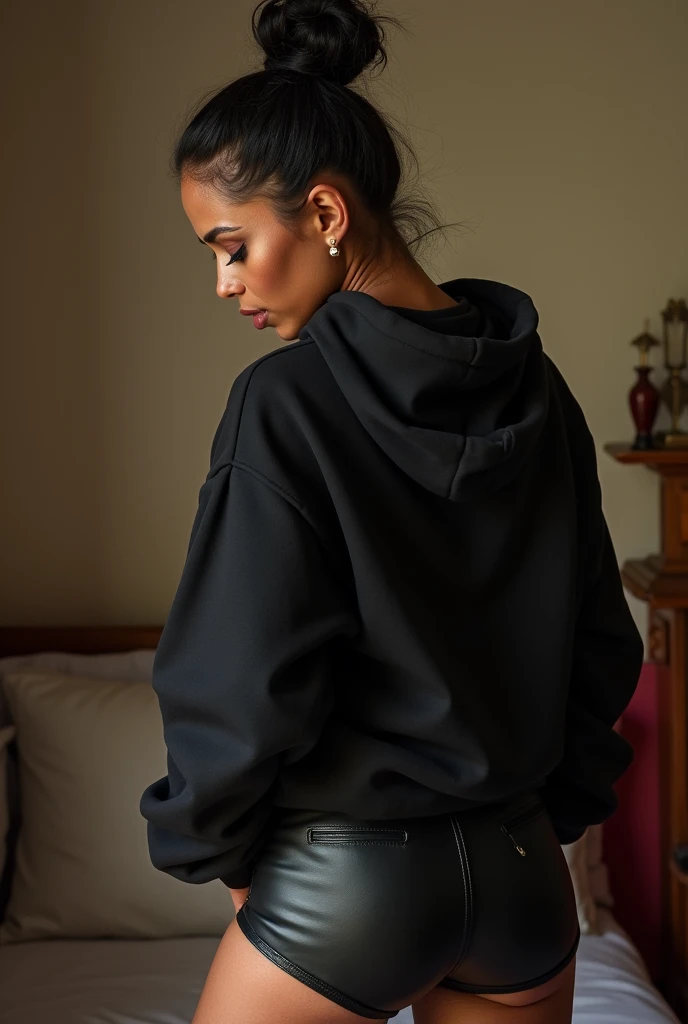 black woman hair in a bun black hoodie black leather short shorts being fucked in the ass by a old grandma in a dress