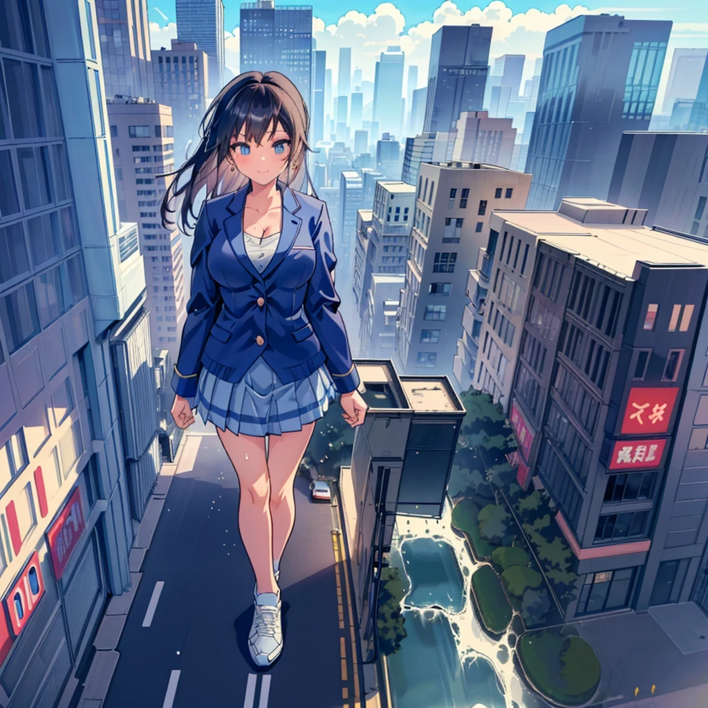 5000m Miki Hayaka, The city is at your feet, Wear light blue sneakers, It stands on a building,Overlooking the town, A girl taller than a tall building,Shy,Sailor Suit,Short skirt,A city smaller than an ant
