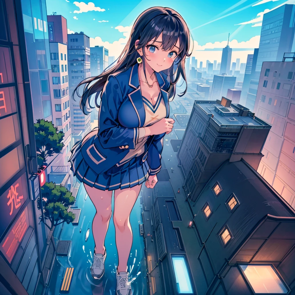 Composition seen from below Blue sky, thunderclouds, sunlight, masterpiece Anime style delicate painting 4K 90's Huge Multiple crowds Crowd in a big city Many people ((Giant high school girl standing in the valley of skyscrapers)) ((((Giant high school girl walking in an urban valley))) ((Dark blue blazer school uniform)) Big city, Tokyo Akihabara Electric Town, Big Breasts, High School Girl,Transparent Costume, Lots of Sweat, Splashes of Water, Sneakers, Watch, Black Hair, Smile, Female Titan Giant Girl Full Body Crowd Unreal Engine, Cleavage, picture, earrings,cute picture, beauty, analog style, whole body, sneakers,GTS, Giantess Female Giant, huge high school girl in the valley between buildings, skyscraper area, big city,