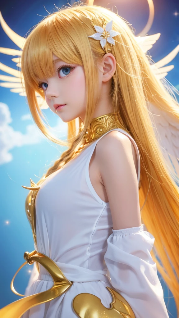 8K, Top Quality, Intricate Details, Ultra Detail, Ultra High Resolution, Masterpiece, ((from behind)), Slender, Smile, (Makeup: 0.4), (Fluffy Blue Eyes: 1.21), blue Eyes, looking at background, ((full body)), 1girl, solo, 1 girl, (( full body)), close up shot, standing , ((tall)), (((fit body))), (((slim face))), sharp face, sharp eyes,, ((( golden hair, very long hair, )), (((crop top)) (detailed face), sharp face, small lips, ((helm,wings)), detailed face, detailed breast, , large breast, detail ass, big ass, round ass , Beautiful girl with accentuated slender abs: 1.4, Six Pack Abs: 1.4, Bust Botox, Big, Perfect Body, detail leg, (( in heaven))