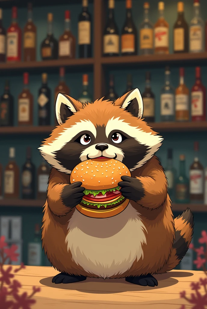 A cute tanuki that looks like it came out of a Ghibli movie、Eating a hamburger at a liquor store with gusto。