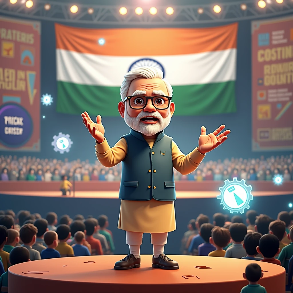 In cinematic 3D cartoon style video A portrait of Narendra Modi, the Prime Minister of India, delivering a powerful speech on a grand stage. He is dressed in his signature kurta and jacket, with a calm yet determined expression on his face. The background showcases a large audience with the Indian flag prominently displayed, symbolizing national pride. Elements like the 'Swachh Bharat Abhiyan' logo, gears representing 'Make in India,' and a digital interface hinting at his social media influence are subtly incorporated into the background. The scene should exude an atmosphere of leadership, patriotism, and modern India in progress."