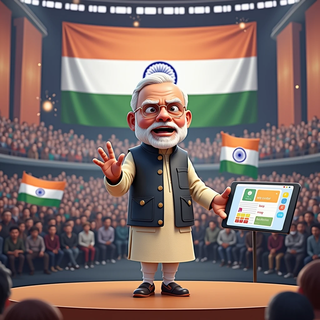 In cinematic 3D cartoon style video A portrait of Narendra Modi, the Prime Minister of India, delivering a powerful speech on a grand stage. He is dressed in his signature kurta and jacket, with a calm yet determined expression on his face. The background showcases a large audience with the Indian flag prominently displayed, symbolizing national pride. Elements like the 'Swachh Bharat Abhiyan' logo, gears representing 'Make in India,' and a digital interface hinting at his social media influence are subtly incorporated into the background. The scene should exude an atmosphere of leadership, patriotism, and modern India in progress."