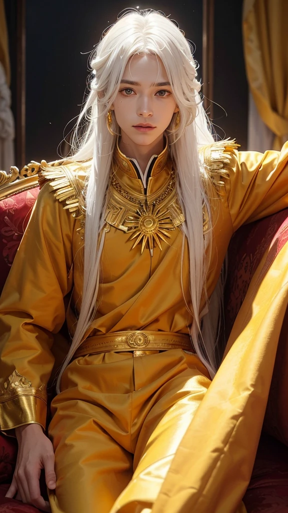 create an image of Solis, the prince of the sun. he is on the couch . He has white and shiny skin. He has hair with white roots and orange tips, rot, and gold. your eyes are deep yellow. he's wearing a tank top and underwear. he lying on the sofa.