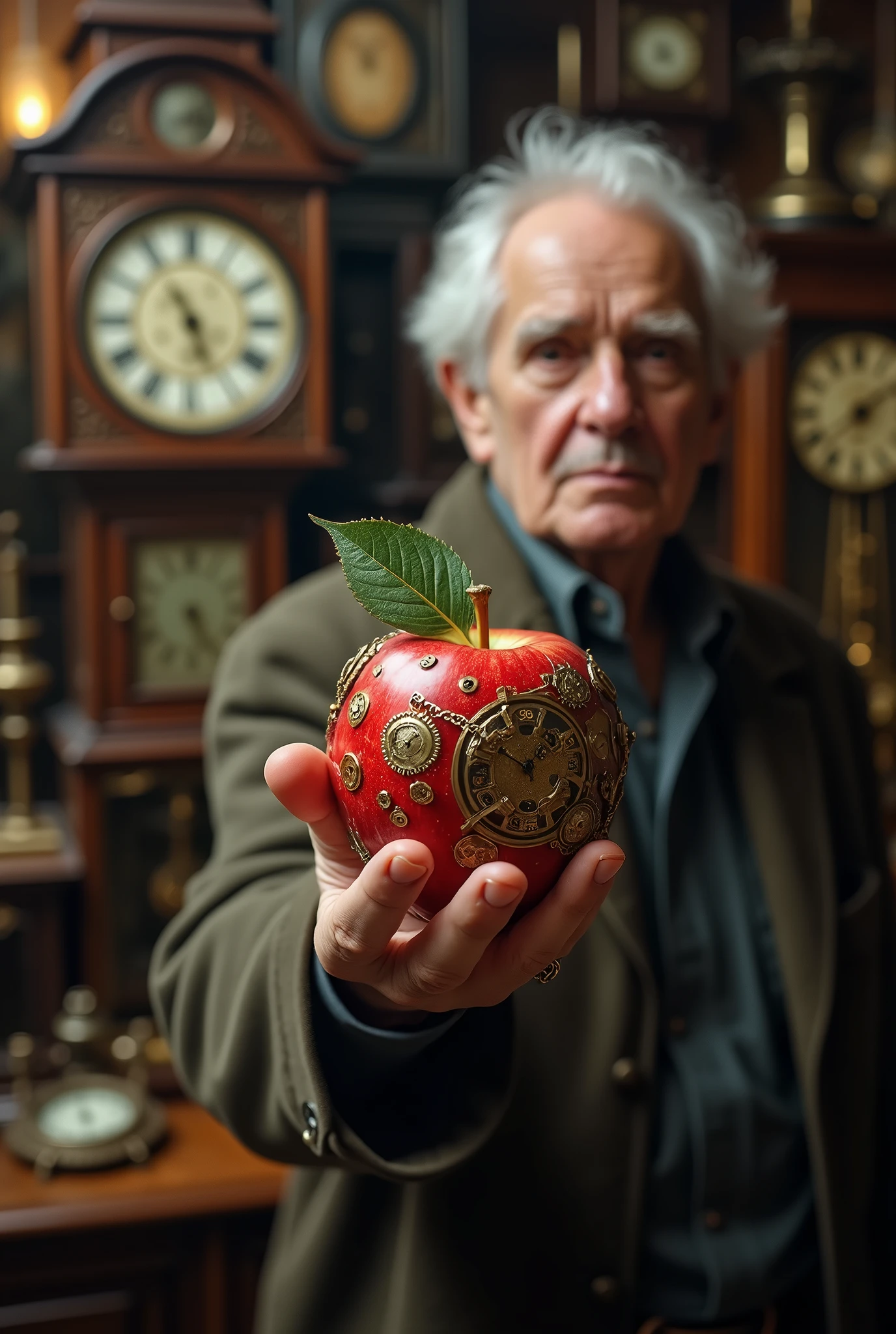 8k , masterpiece , super realphoto , high resolution , break , In a quiet antique clock shop, an elderly shopkeeper discovers a strange apple with intricate clockwork patterns on its surface. The apple begins to spin and reveals a pocket watch inside, which causes time in the shop to reverse. The old man glimpses his younger self, but the apple starts to wither, symbolizing the fleeting nature of time. He lets go of the apple, which returns to normal and falls to the floor as the shop's time returns to its usual flow. The shop is left in silence, with the mysterious apple resting in the corner.