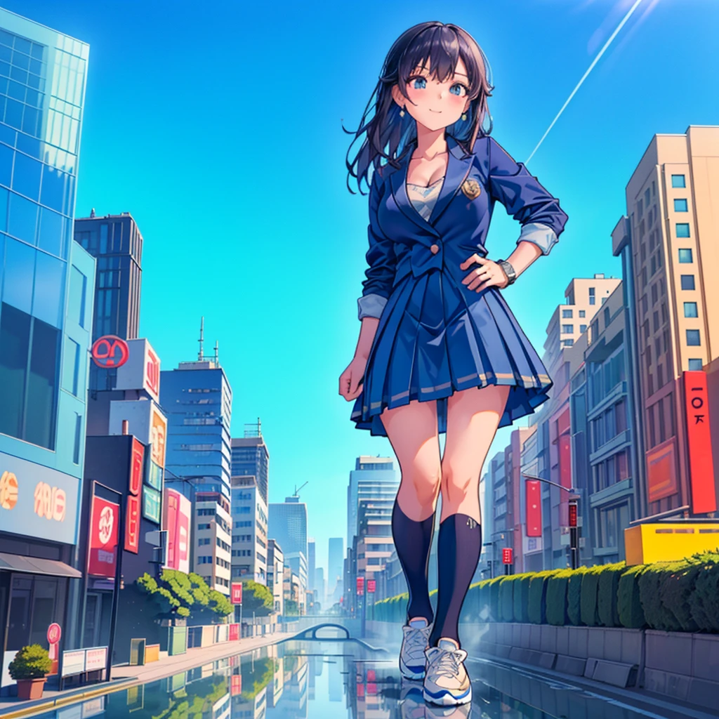 Composition seen from below Blue sky, thunderclouds, sunlight, masterpiece Anime style delicate painting 4K 90's Huge Multiple crowds Crowd in a big city Many people ((Giant high school girl standing in the valley of skyscrapers)) ((((Giant high school girl walking in an urban valley))) ((Dark blue blazer school uniform)) Big city, Tokyo Akihabara Electric Town, Big Breasts, High School Girl,Transparent Costume, Lots of Sweat, Splashes of Water, Sneakers, Watch, Black Hair, Smile, Female Titan Giant Girl Full Body Crowd Unreal Engine, Cleavage, picture, earrings,cute picture, beauty, analog style, whole body, sneakers,GTS, Giantess Female Giant, huge high school girl in the valley between buildings, skyscraper area, big city,