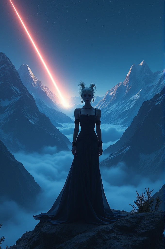 LADY GAGA in a place full of grandiose mountains, the night, a comet passing behind her