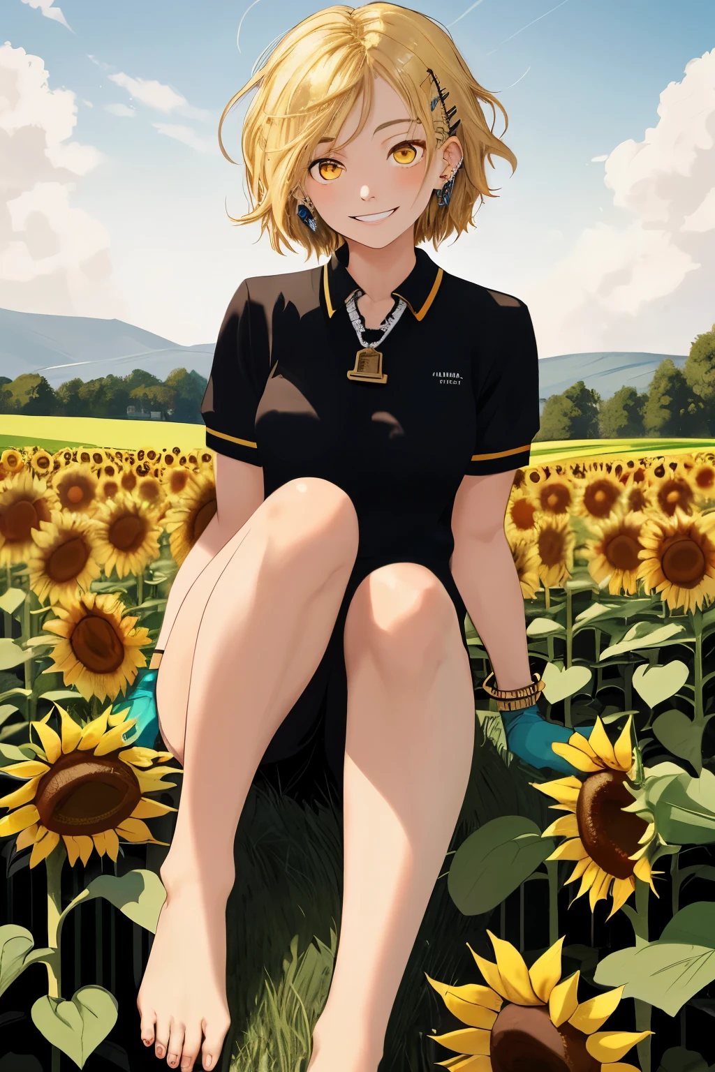 absurd resolution, High resolution, (masterpiece), hyperdetailed, Fantastic and medieval countryside, sunflower field, 1 teenage girl, 18 years, tall statue, blond hair, messy and quite short, hair clips, bright yellow eyes, White skin, Black polo with gradient, long gloves, an amulet on the neck, Brown short shorts, calm and smiling expression, sitting in the field, barefoot, ear piercings, bracelet, she doesn't have breasts.