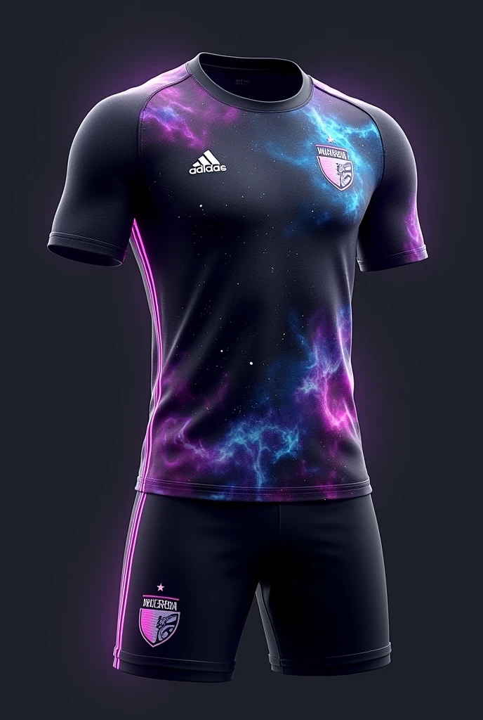 Make a football kit with this style, Cosmic Nebula Style: Black T-shirt with a gradient that simulates a space nebula in purple tones, blue and pink. Stars and small silver details shine in different parts of the shirt. The team's crest has a holographic effect that changes color depending on the angle of the light. The shorts are black with neon colored lines..