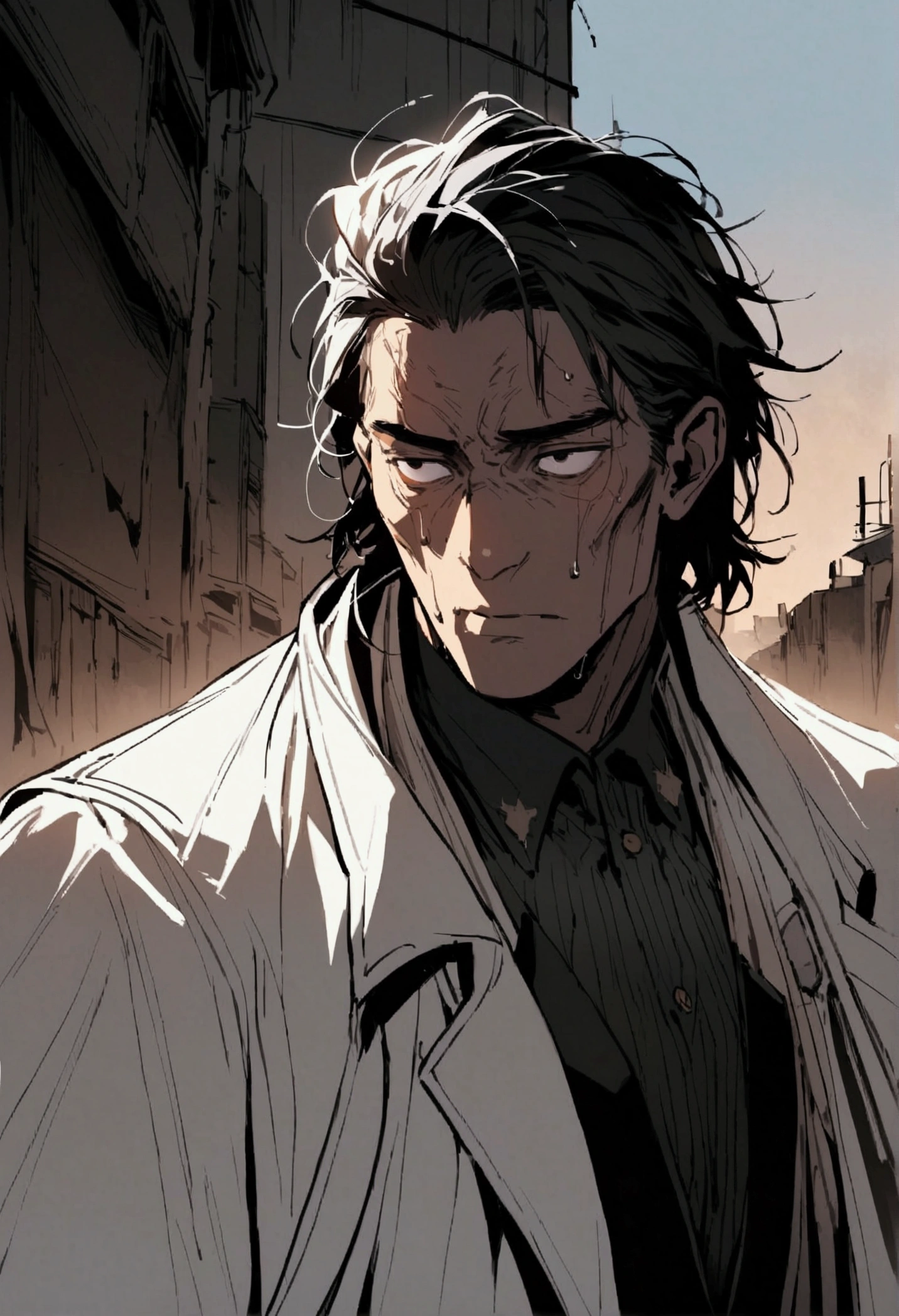 scientist man with Asian features, 2, white coat and deep dark circles post apocalyptic scenario