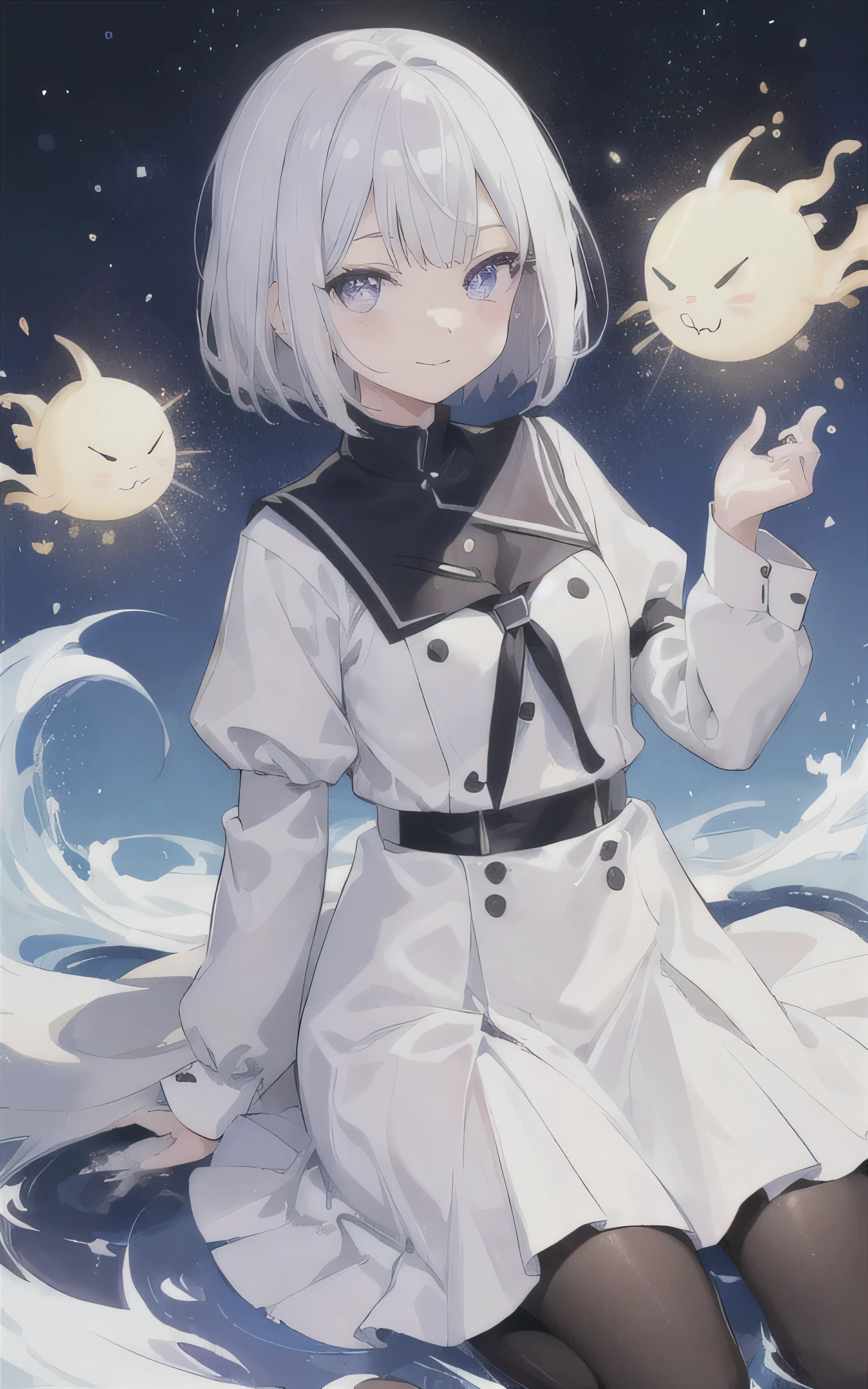 ((masterpiece:1.4, Highest quality))+, (Super detailed)+,(Super detailed eyes)+,
(Neutral Child),(Dark and white odd eyes:1.15),Lavender hair, Bob hair,(wariza:1.2),Slightly tanned skin,Mouth closed,Serious,
(Neutral Childはuniformを着ている:1.5),(uniform:1.4),
(Laughter:1.3),
(Dawn Light:1.2),violet,
(Heavy monochrome:1.16),(Depth of written boundary:1.4), 
