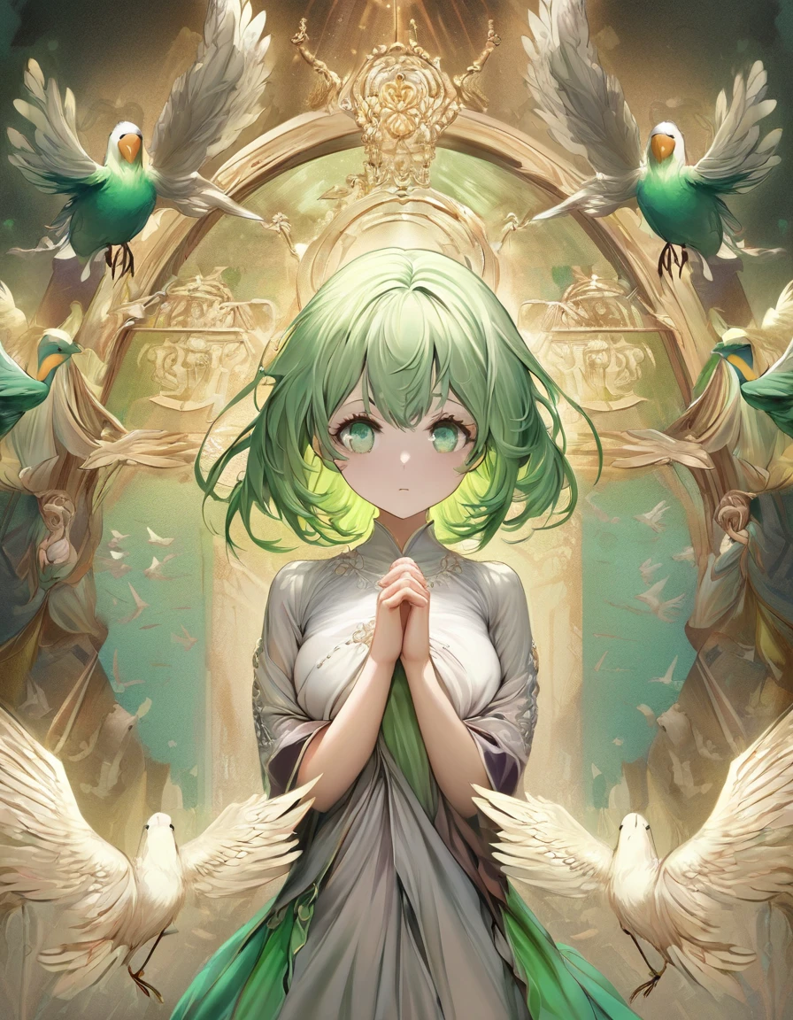 Highest quality、masterpiece、Very detailed、Finely detailed、High resolution、8k wallpaper、Fine and beautiful eyes、A girl with green hair、Exact number of fingers、Pose with hands folded in front of chest、Hands folded in front of chest、Praying pose or expectant expression。Bird's-eye view