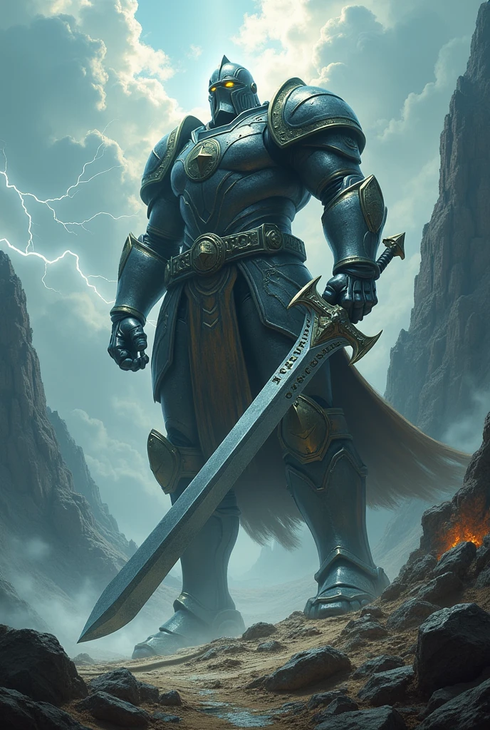 Un géant en armure massive, avec une épée colossale qui fend le sol. Il se dresse dans un paysage montagneux, entouré de nuages et d'éclairs, sa stature imposante dominant l'horizon.
.Résolution Haute, Qualité Meilleure, Details,