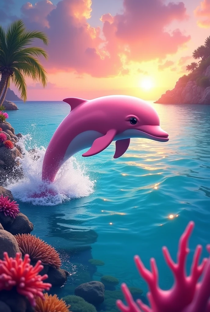 A picture of a pink dolphin, with a sunset in the background with beautiful colors, the jumping dolphin and the blue water with colorful corals