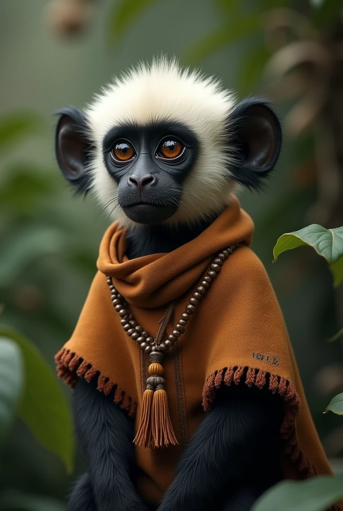 Create a white-headed titi monkey with a Colombian poncho but without sleeves and that is not so visible and that instead of the monkey being only black it is also brown


