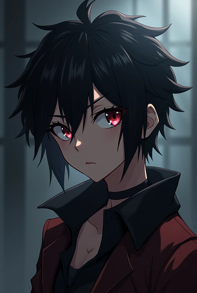 Dark-haired anime character with eyebrow piercing with serious face and messy hair 