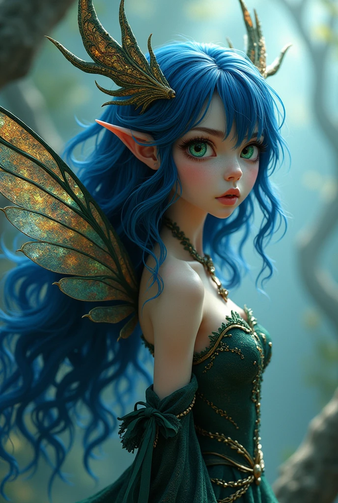 Fairy with big dark blue hair, with different colored eyes, with a single wing