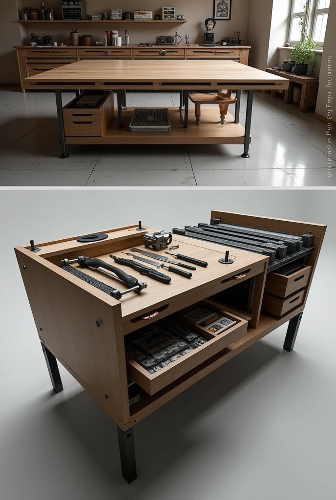 Table that opens and has tools