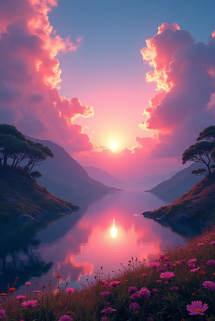 Have a beautiful sunset, The hillside is covered with flowers and plants, flowers are nearby, colorful sky, surreal colors, Colorful sunset, colorful sky, Wonderful sky reflection, wonderful sky, Fantastic atmosphere 8K, colorful clouds, colors reflected in the lake, surreal sky, red and blue reflections, fire reflection, beautiful sky, beautiful and spectacular sunset, Beautiful dream landscape, wonderful sky