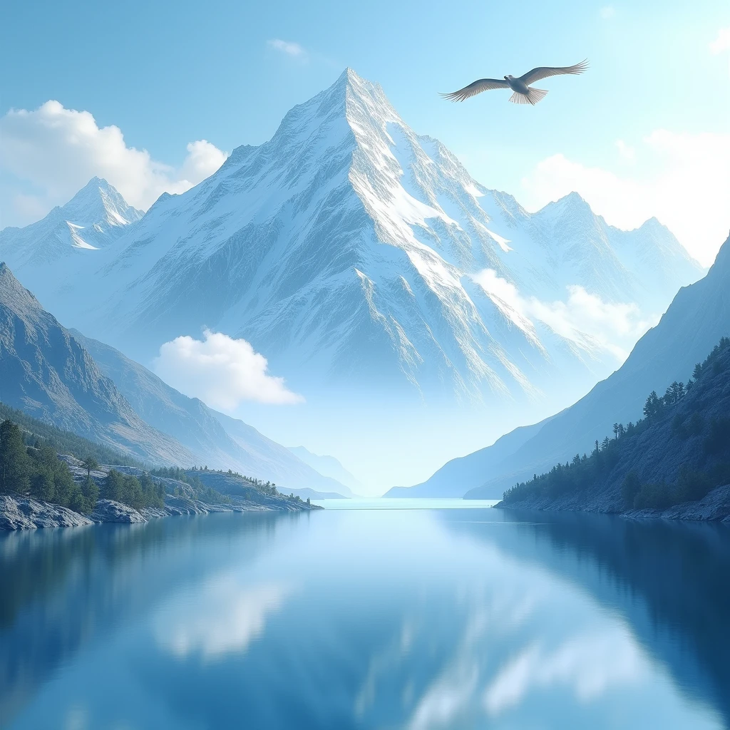 background: Jade Dragon Snow Mountain，Mountain Snow，Lake on the mountain;，Reflections in water，Sunlight through the clouds，Blue sky，Lone Bird