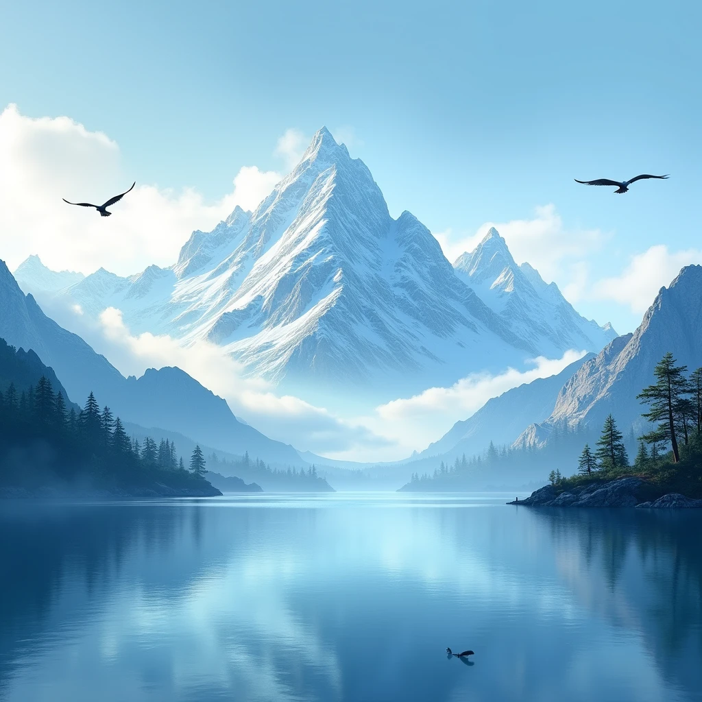 background: Jade Dragon Snow Mountain,Mountain Snow,Lake on the mountain;,Reflections in water,Sunlight through the clouds,Blue sky,Lone Bird