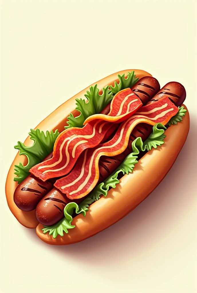  realistic illustration for a snack bar flyer with the following features: a hotdog containing: two sausages with grill marks, Alface, tomato, two strips of bacon, mayonnaise, eggs, melted cheddar cheese 