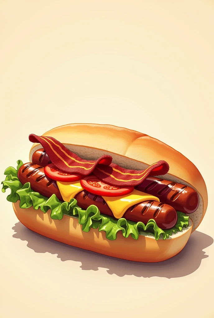  realistic illustration for a snack bar flyer with the following features: a hotdog containing: two sausages with grill marks, Alface, tomato, two strips of bacon, mayonnaise, eggs, melted cheddar cheese 