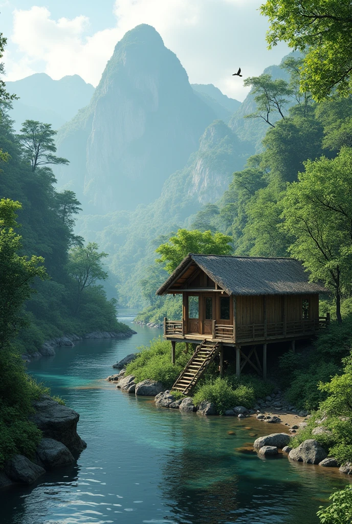 Photorealism 1.2 high definition 8k realistic realism hut at river bank rainforest mountain from above bird eyes view river stream rock on river bird bypass very clear