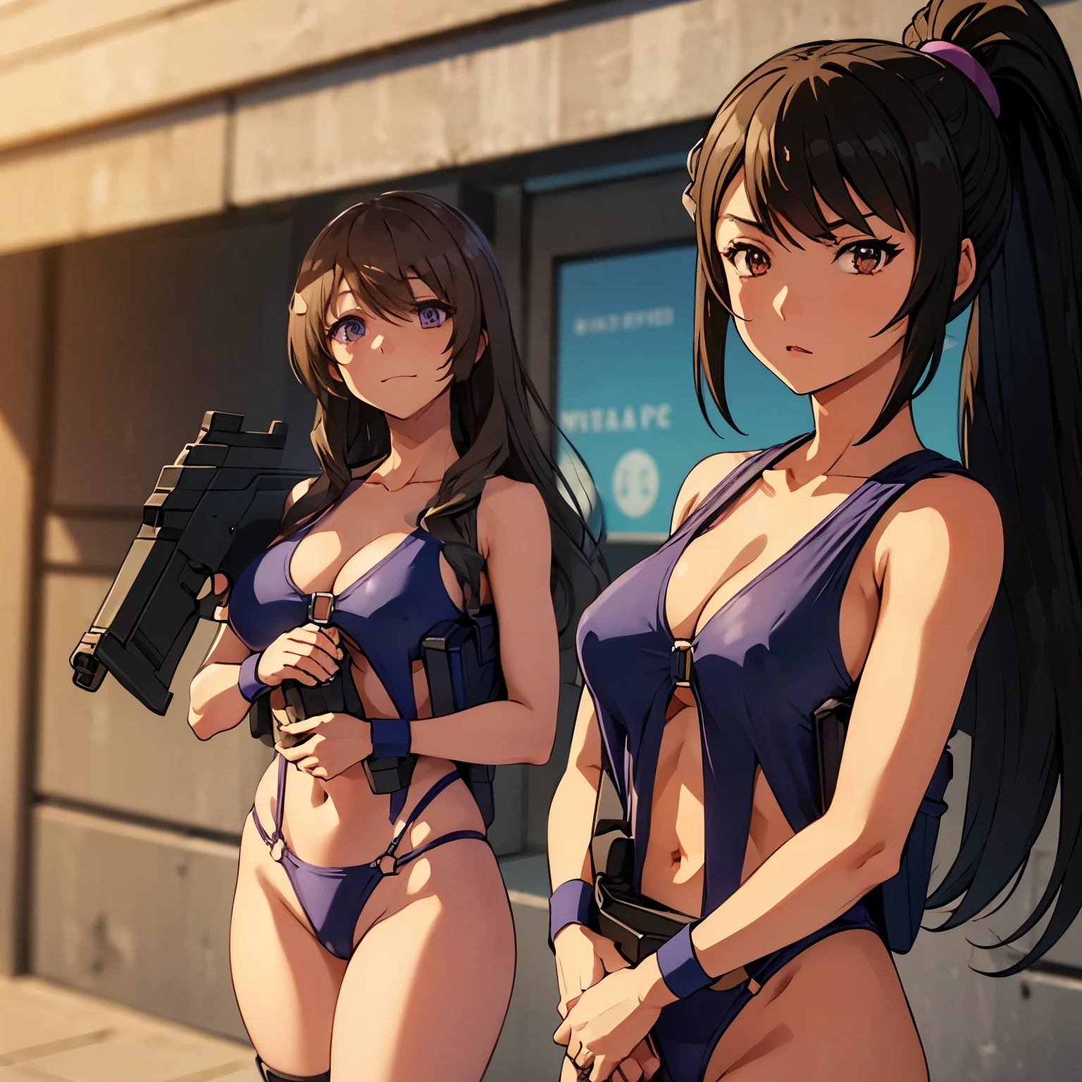 expressionless, blank eyes, looking at viewer, emotionless, corruption, mind control, female combatant, hypnotized, unhappy trance, obey, perfect female body, hypnosis, hypnoLora, empty eyes, Slave, dark persona, (((pixel-perfect, detail-perfect))), solo, 1girl, hair ornament, Chie, long hair, light brown hair, purple eyes, smile