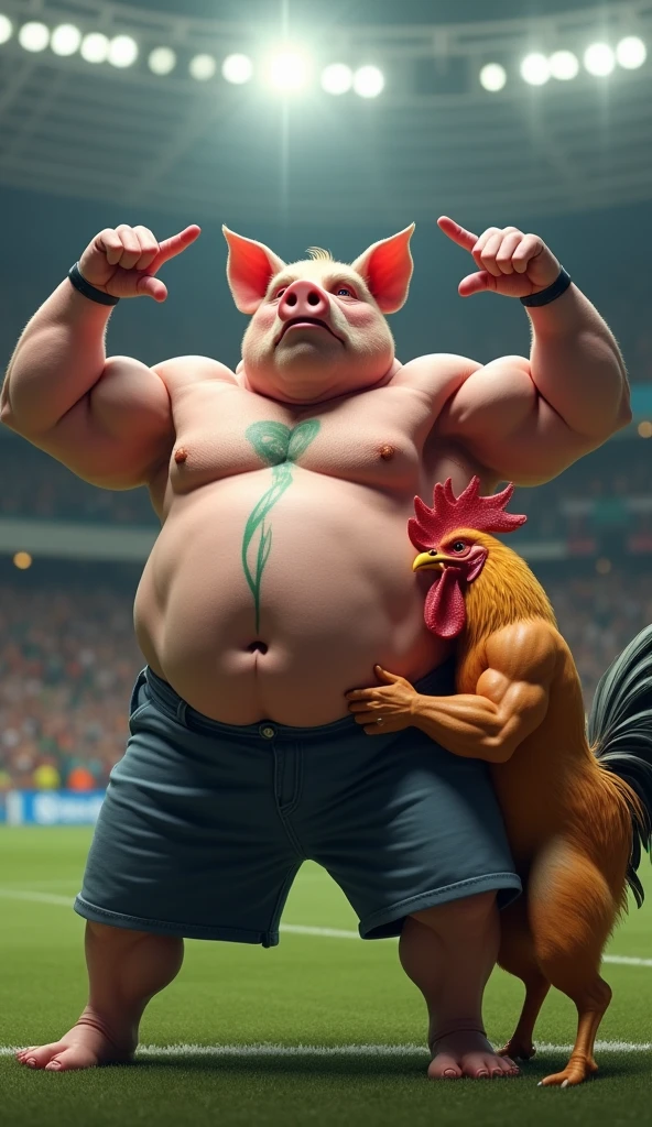 A muscular pig, well-defined gym belly, puffed out chest and shirtless, green tattoo, crossing his arms above his head pointing the middle finger of both hands, inside a soccer stadium, next to a muscular rooster, well-defined gym belly, puffed out chest and shirtless, black tattoo hugging himself