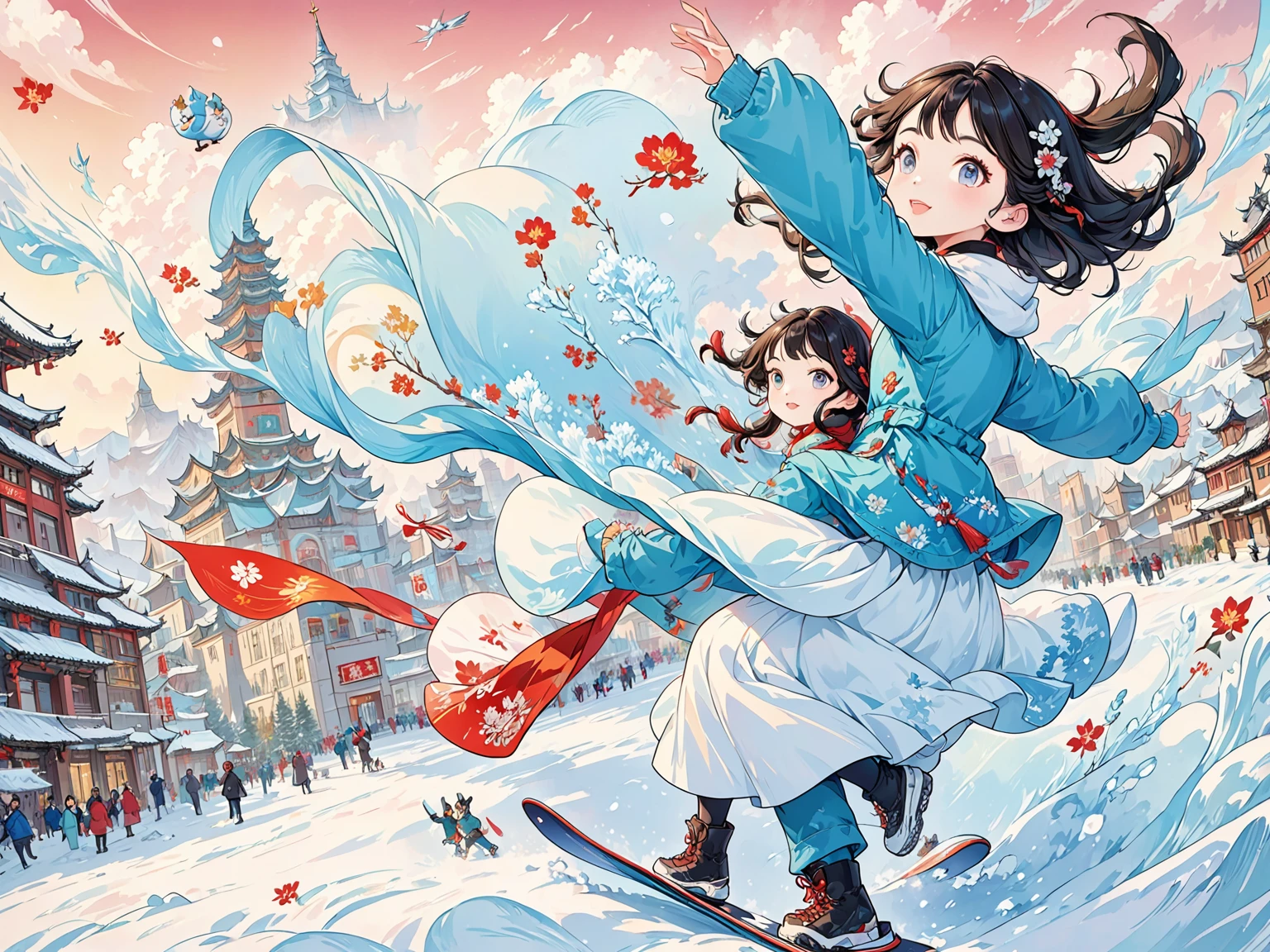 A cartoon man on snowboard in the city, Official Fanart, 8K cartoon illustration, Hand drawn cartoon art style, Cold as ice! 🧊, Official Art, Official Artwork, Official illustrations, Dreamy China, Propaganda Art in the 2020s, A beautiful artistic illustration, Lovely and detailed digital art, Beijing, Inspired by Ma Yuanyu,Heilongjiang,church,Harbin Sofia Church,