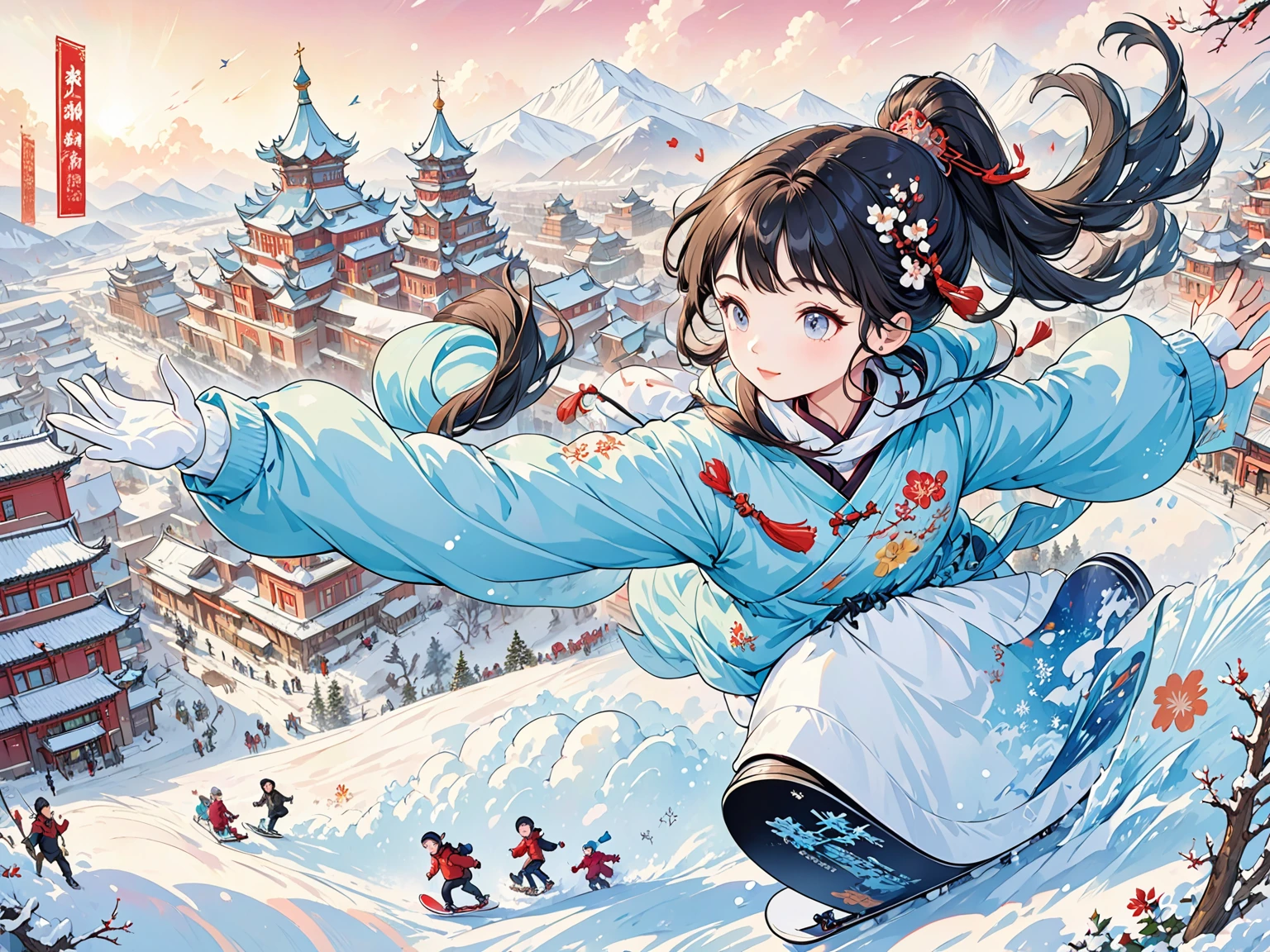 A cartoon man on snowboard in the city, Official Fanart, 8K cartoon illustration, Hand drawn cartoon art style, Cold as ice! 🧊, Official Art, Official Artwork, Official illustrations, Dreamy China, Propaganda Art in the 2020s, A beautiful artistic illustration, Lovely and detailed digital art, Beijing, Inspired by Ma Yuanyu，Heilongjiang，church，Harbin Sofia Church，