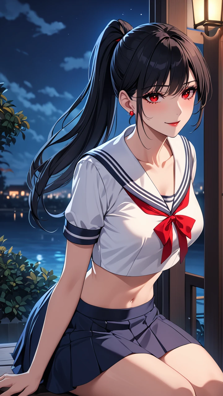 Highest quality　masterpiece　High resolution　masterpiece　Black hair　　Red sharp Eyes, high pony tail cut, seductive smile, tight, outside, night, mature female, earrings wearing sailor uniform, skirt, nightmare, seducing, midriff, sit