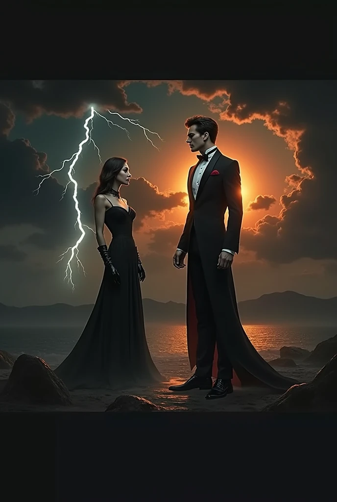 A handsome man with a perfect slim face dressed in a long black Dracula suit without a shirt, a cloudy sunset sky, a sun hiding behind a trail of water that matches the sun, a lightning bolt from afar next to him, two beautiful women dressed in black, the man is in the middle
